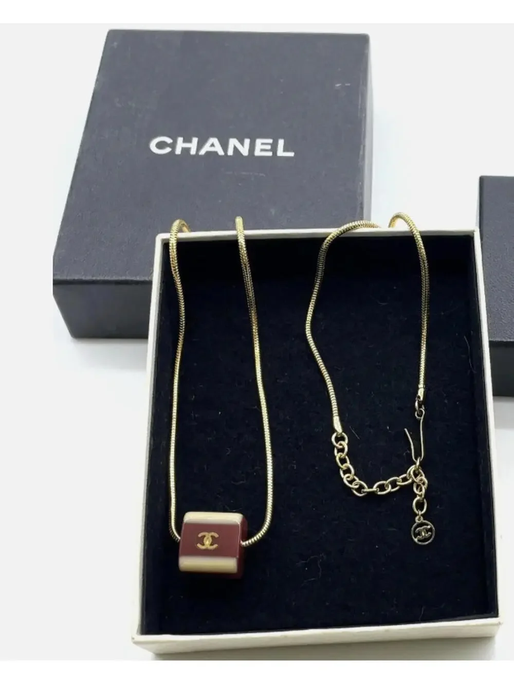 Authentic CHANEL Red Cube Necklace With Box Coco Mark Gold Logo